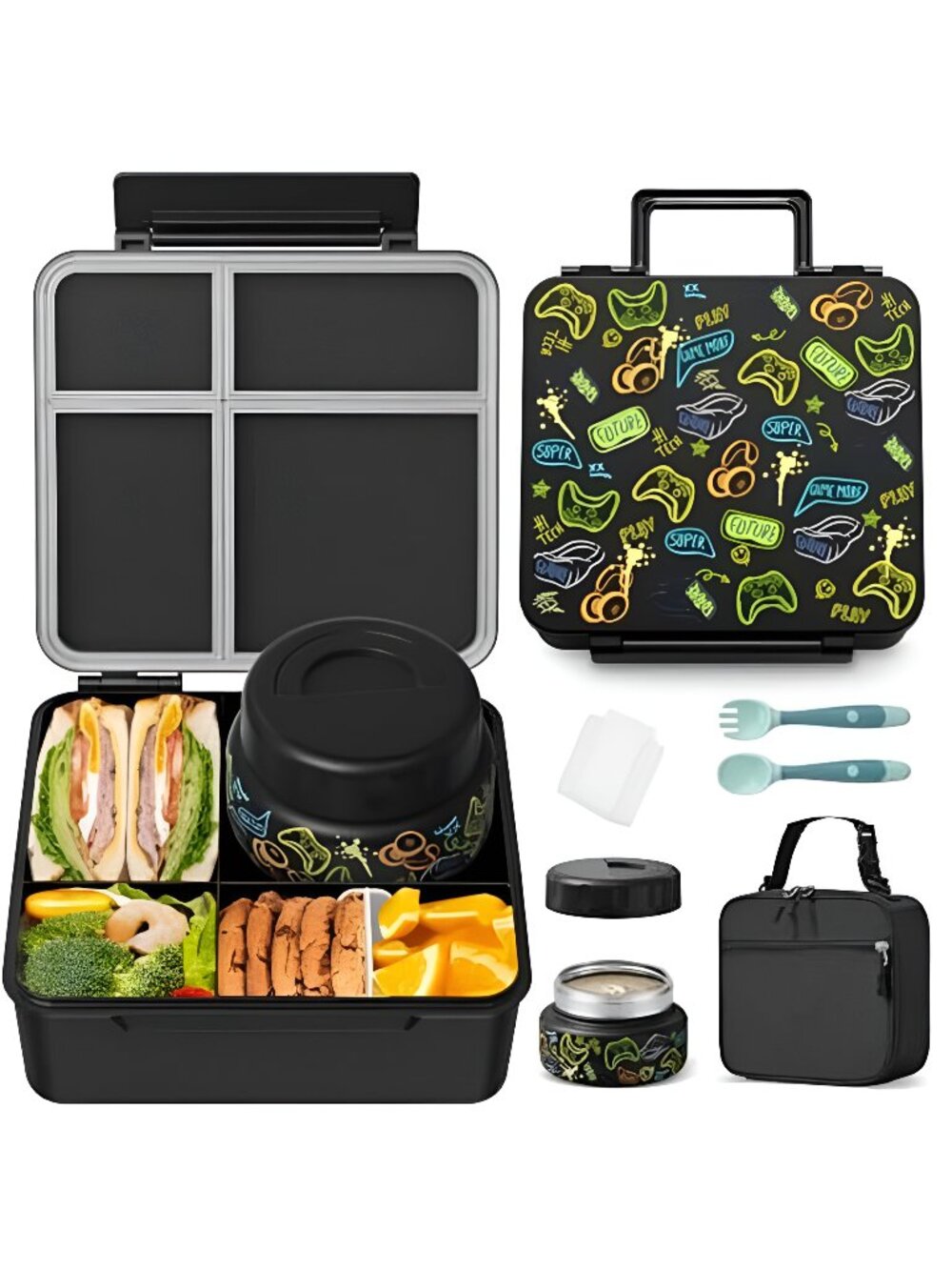 Kids Bento Lunch Box with Thermos, Leakproof Toddler Bento Box with 9 OZ